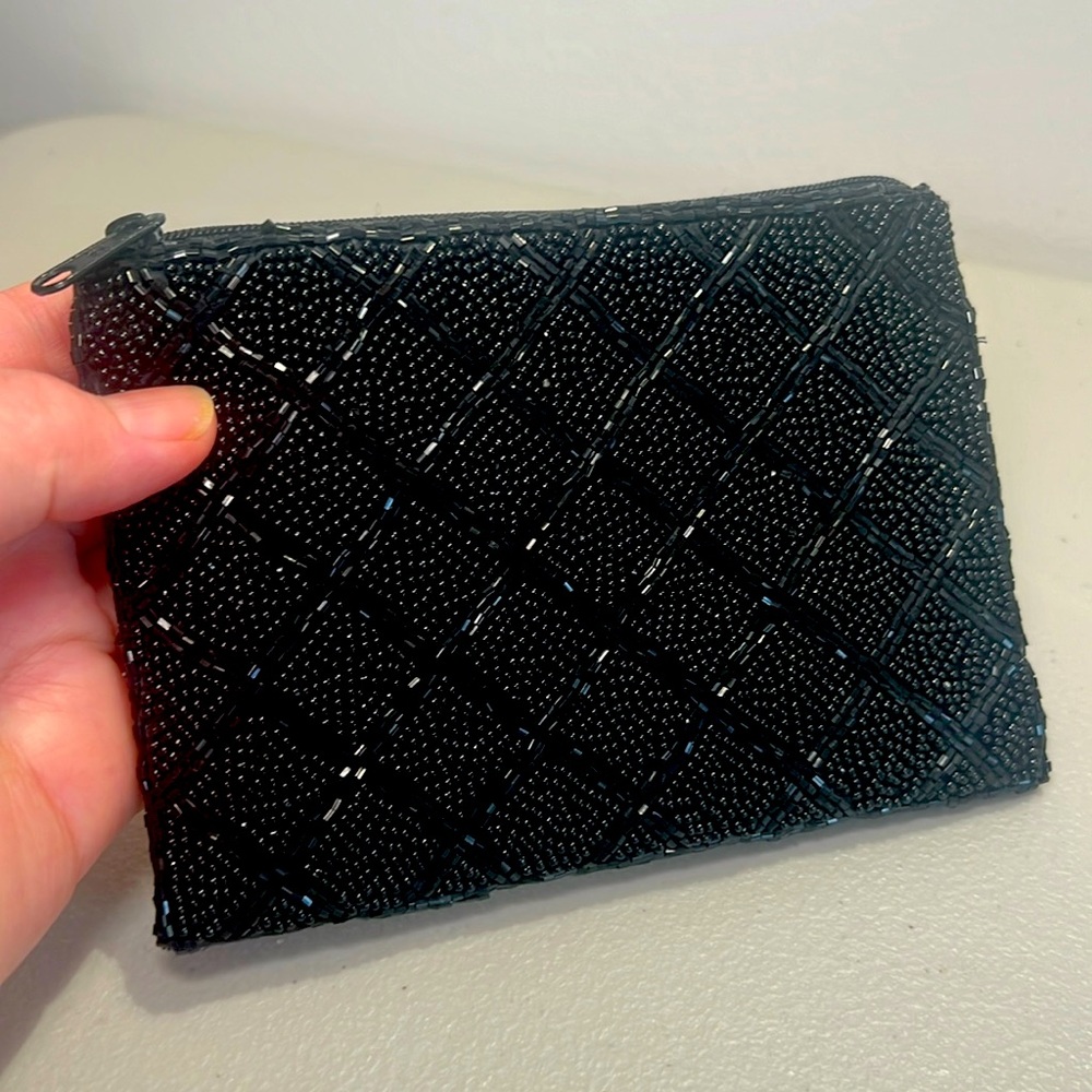 Lancôme Black Beaded Makeup Pouch Bag, Zippered, Elegant, 6” x 4.5”